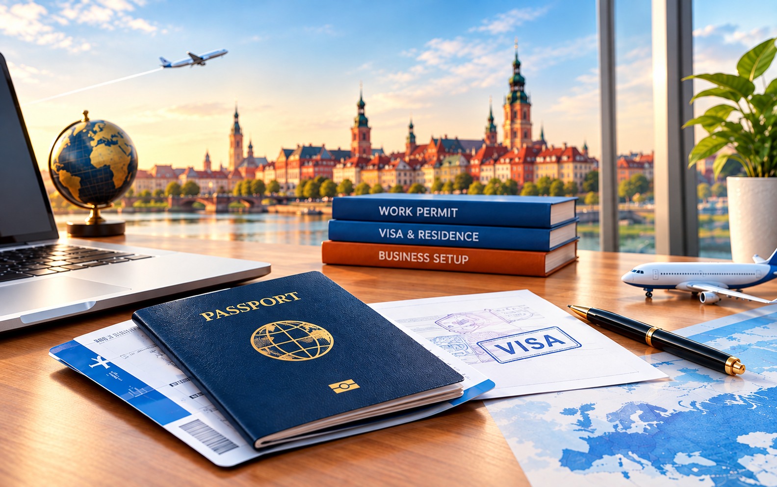 Passport, boarding documents and a laptop ready for travel